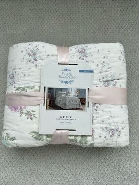 Simply Shabby Chic White Quilt with Lavender and Soft Green Floral Accents